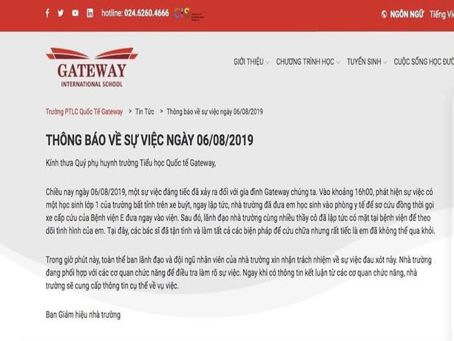 Trường Gateway tạm đình chỉ nhân sự sau vụ bé lớp 1 tử vong