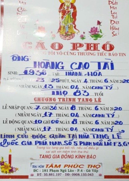 Anh chị em bạn hữu của bác Hoàng Cao Tài thông báo tin buồn